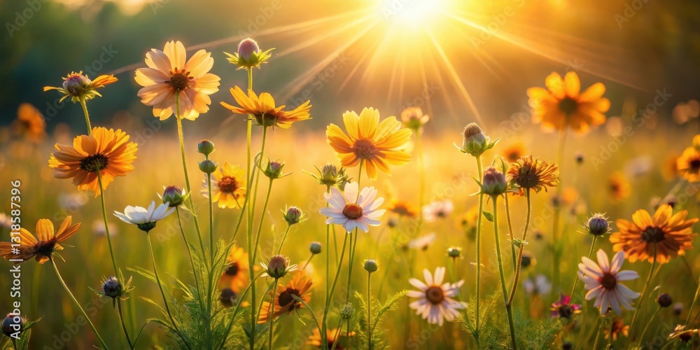 Poster golden hour blooms a field of delicate flowers basking in the warmth of a setting sun