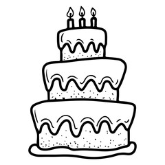 Birthday cake with candles. Hand drawn doodle. Festive sweet dessert. Pastry with cream. Bakery. Confectionery. Delicious holiday food. Vector line art illustration.