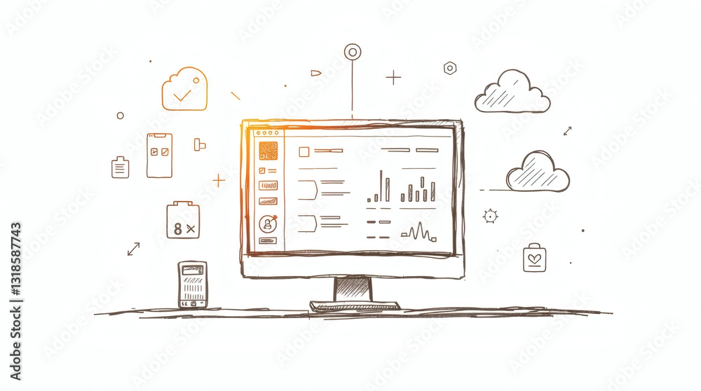 Poster a monitor displaying data with surrounding icons and cloud illustrations 
