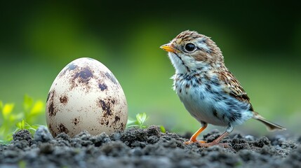 A small bird gazes at a large egg on the ground, seemingly anticipating what's to come