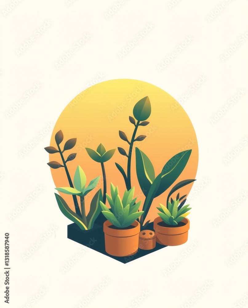 Poster a variety of potted plants arranged in front of a golden sun. The image is rendered in a minimalist style with a focus on shapes and color