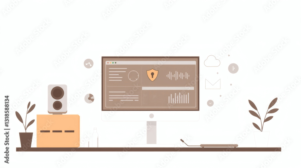 Poster a modern workplace that represents security and data protection, featuring a computer, sound system,