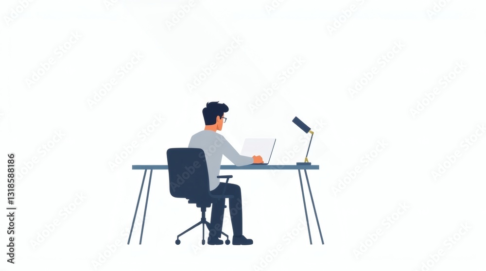 Poster a man is working at a desk on a laptop, viewed from behind. the scene is simple and modern.