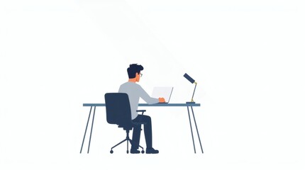 A man is working at a desk on a laptop, viewed from behind. The scene is simple and modern.