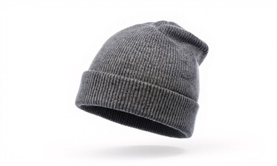 A realistic 3D render of a blank wool beanie in a floating position isolated on a white background