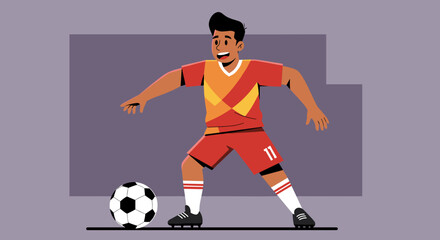 Obraz premium Cartoon soccer player standing with the ball on a gray background 