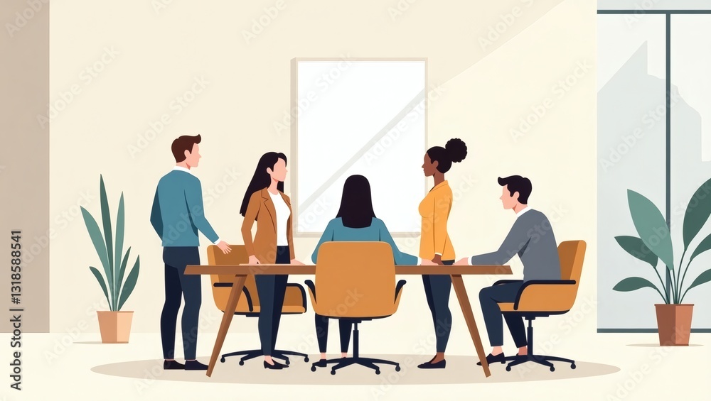 Poster a group of diverse business people gathered around a table in an office setting. They are in a meeting and discussing a new project