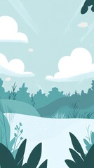 Obraz premium Peaceful river winding between verdant hills, serene sky with billowing white clouds casting gentle light on landscape