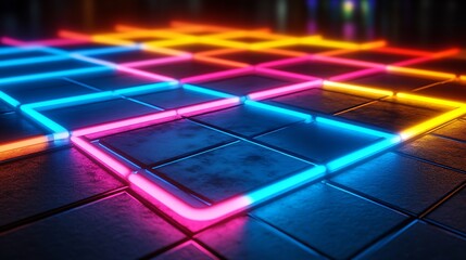 A radiant neon grid with glowing edges and softly pulsing light effects over a modern digital background.