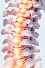 Herniated disc therapy concept. Human spine illustration with glowing vertebrae highlights.