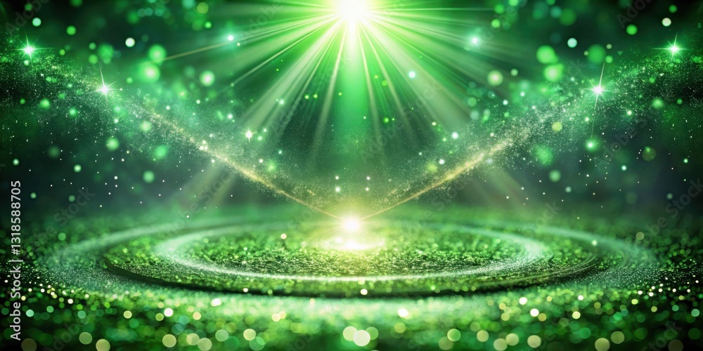 Poster a radiant green stage bathed in a warm glow of light, adorned with shimmering particles that dance i