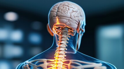 Herniated disc therapy concept. 3D illustration of a human spine and brain anatomy.