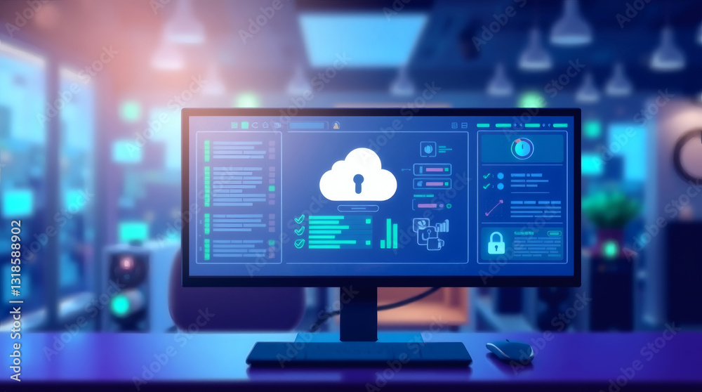 Poster a computer monitor displays cloud computing interface. showing cybersecurity and data storage with secured network
