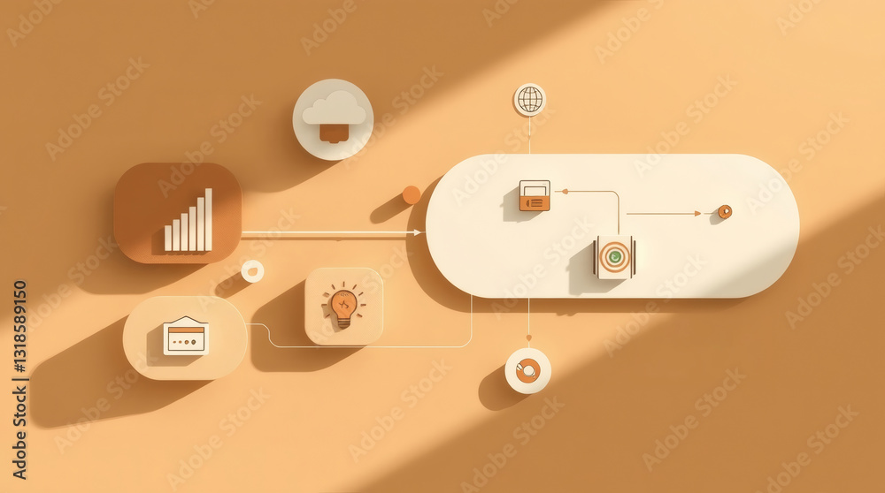 Poster an abstract design representing the connection of several modern icons, with a pastel tone and long 