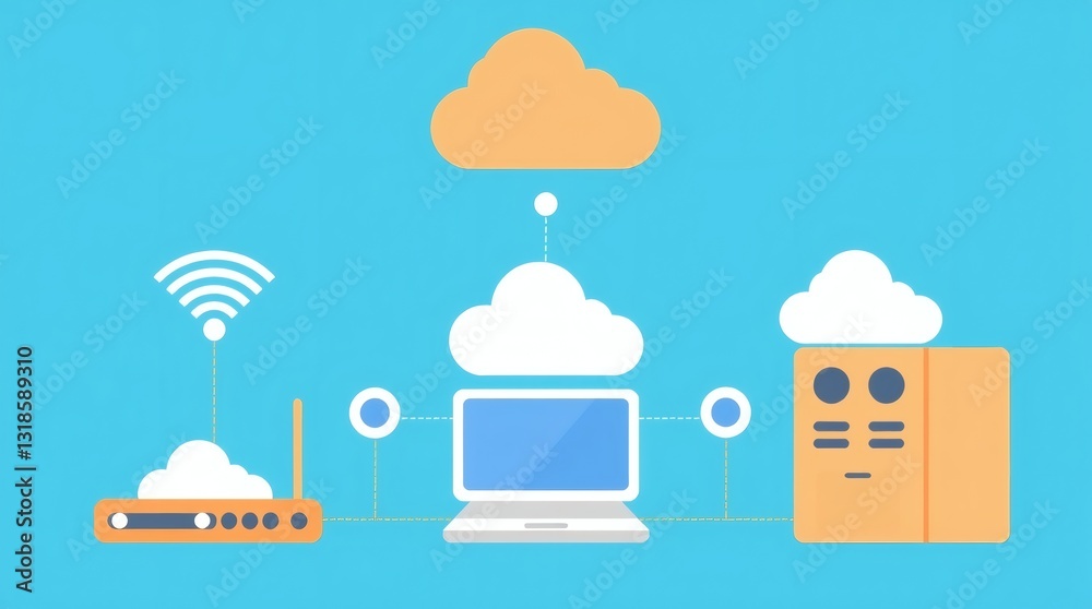 Aufkleber cloud computing, data transfer and networking, featuring a router, laptop and a server