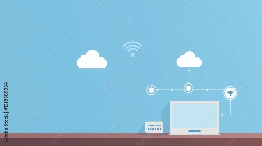 Poster a digital scene with a laptop connected to a cloud network on a light blue background