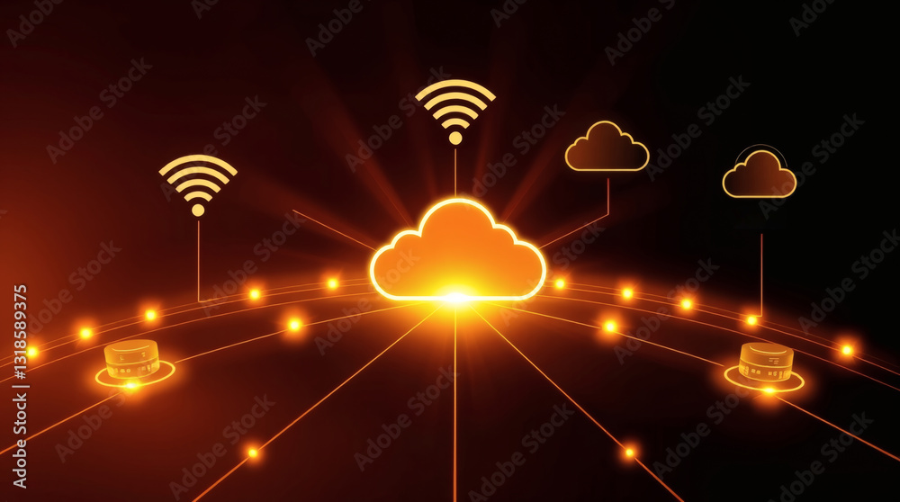 Poster abstract representation of cloud computing and wireless technology with a network. The central element is a glowing cloud with radiating lines connecting to different data points and wifi icons