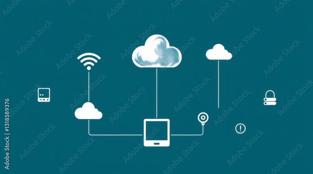 Poster a cloud computing and networking concept, showing a network of devices connected to a central cloud server