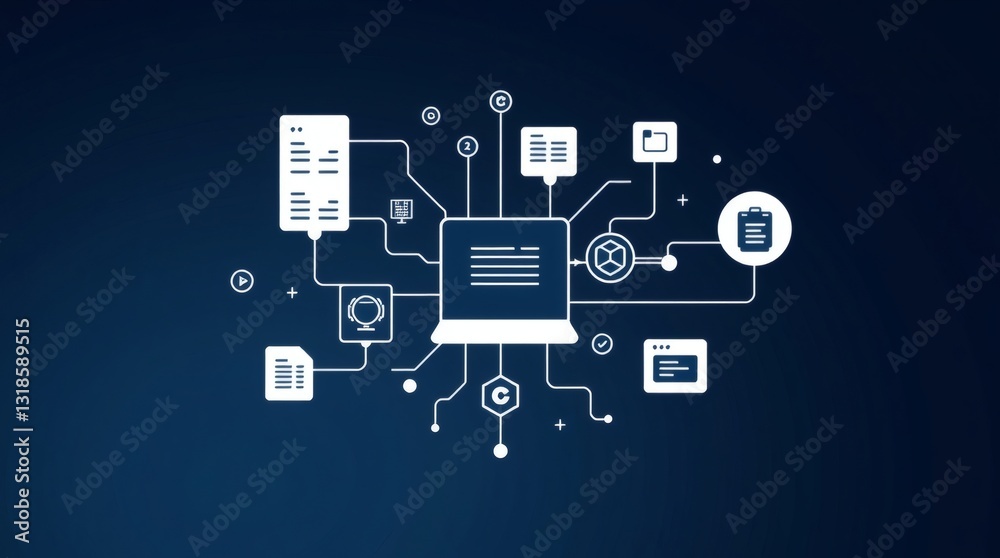 Poster a computer with interconnected files and data, illustrating a network system with a blue backdrop