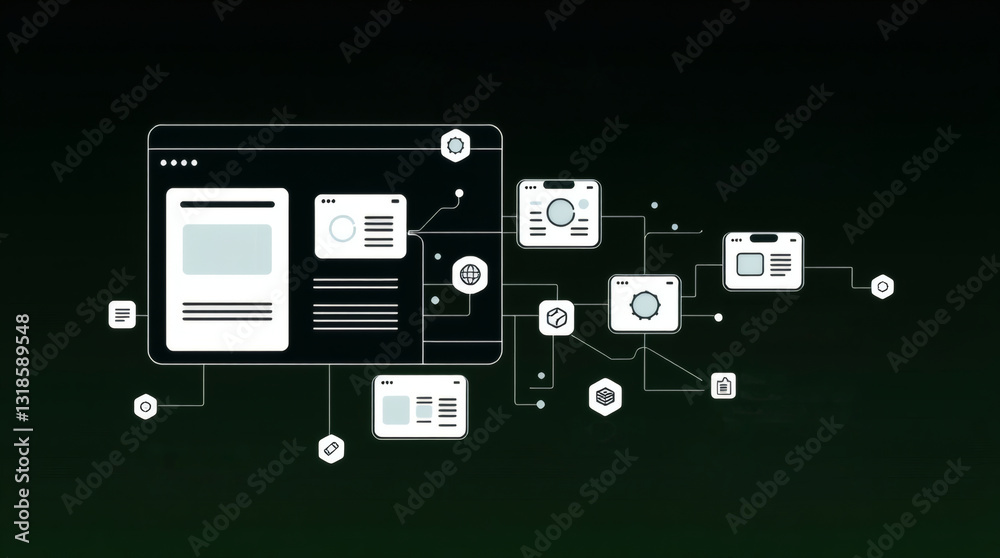 Poster a network of interconnected digital devices, software and data representing the modern concept