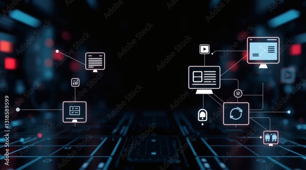 Poster a network of interconnected digital devices, illustrating the concepts of connectivity, data flow, a