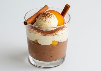 Chocolate dessert with peach slices.