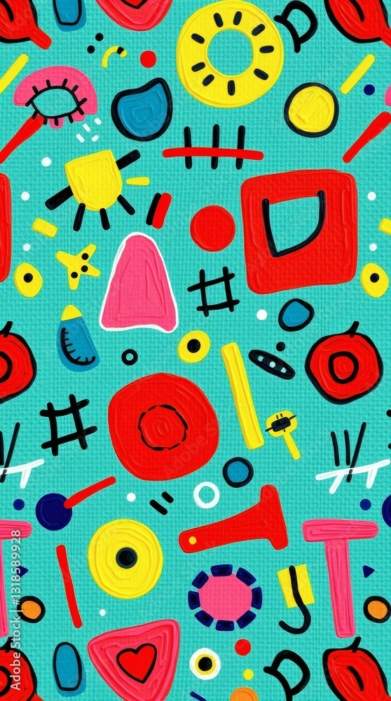 Poster a vibrant and abstract design with colorful shapes on a teal background. The design features various geometric and organic shapes, creating a playful and visually engaging pattern