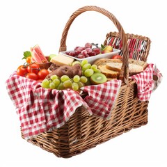 Basket with picnic food on white background.