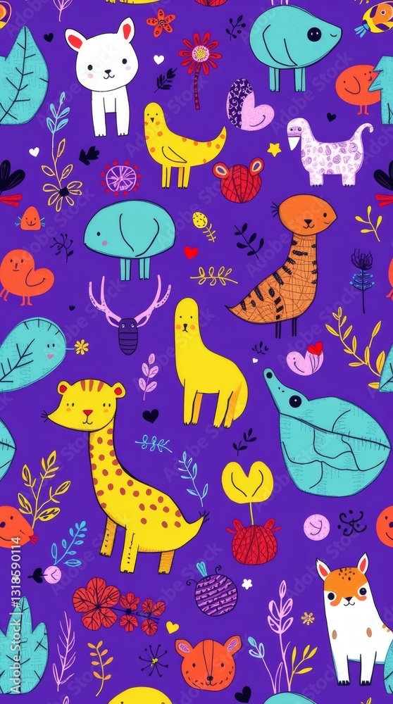 Poster a collection of various adorable cartoon animals and plants. the seamless pattern features charming 