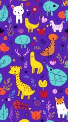 a collection of various adorable cartoon animals and plants. The seamless pattern features charming illustrations set against a colorful backdrop