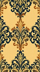 a detailed decorative pattern with floral and ornamental designs with repeating shape and textures. The color palette includes yellow, blue, and brown shades. The artwork has a classical vintage look.