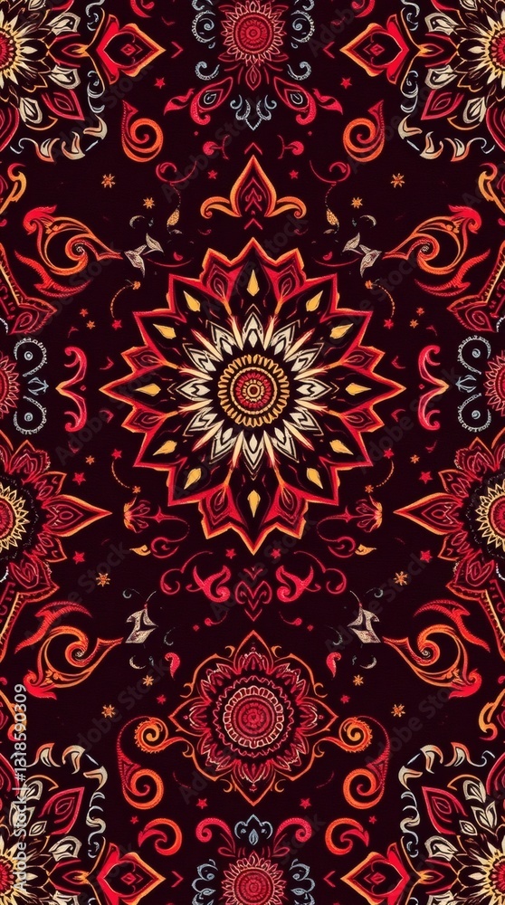 Poster a vibrant floral pattern in shades of red and gold, creating a rich and ornate design