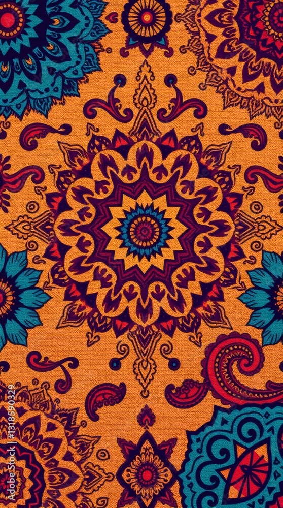 Poster intricate pattern art in vibrant colors of an orange carpet