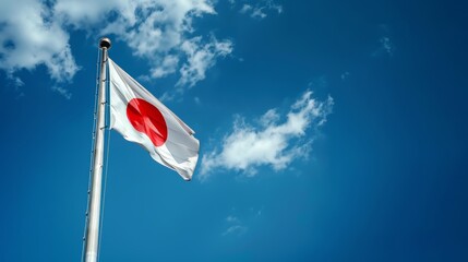 Japanese flag on a flagpole against the sky.
