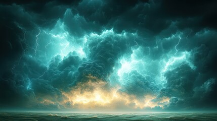 Fototapeta premium Dramatic storm clouds swirl ominously as lightning illuminates the horizon at dusk over a turbulent sea
