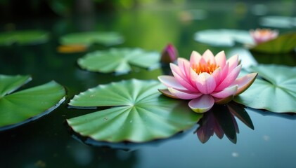 Delicate lily pads on the surface of a tranquil river, lily pads, aquatic life