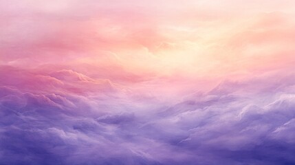 Soft pastel colors blend seamlessly in the sky as the first light of dawn paints clouds in shades of pink and purple. A serene beauty envelops the landscape, enticing viewers