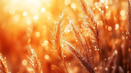 Sunlight filters through a vibrant meadow at dusk, illuminating delicate grass blades adorned with glistening droplets, creating a serene and magical atmosphere
