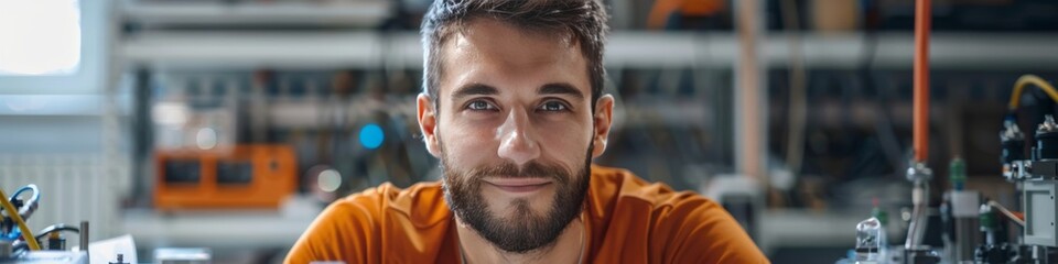 Fototapeta premium Portrait of a young man against the background of a workshop.