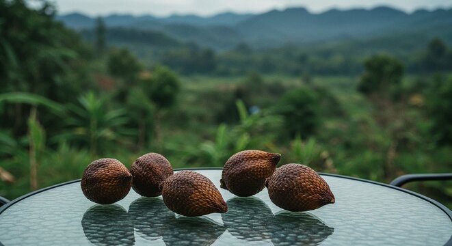  Tropical fruit on glass table with jungle landscape