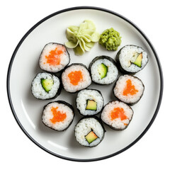 Delicious Sushi Rolls on Plate on transparent Background.
