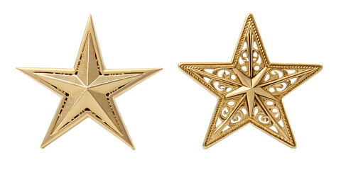 Obraz premium Two Different Style Golden Five-Pointed Star on White, Sparkling Golden Star, Shiny Star Decoration, Cut Out