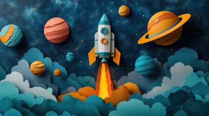Paper Rocket Launches Amidst Cosmic Clouds