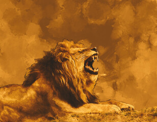 Majestic Roaring Lion &ndash; Watercolor Digital Art with Warm Tones Version 1