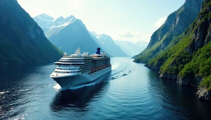 Modern cruise liner navigating narrow fjord passage, mountains, water, blue