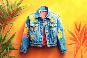Brightly colored light denim jacket decorated with vibrant tropical motifs against a sunny backdrop