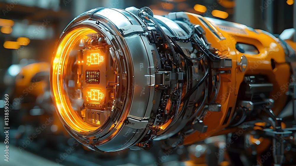 Poster glowing robotic arm assembling high tech product on automated line symbolizing technological innovat