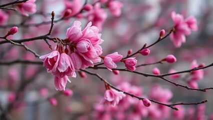 Obraz premium Dark pink petals unfurl on bare winter branches, winter, blossomtree