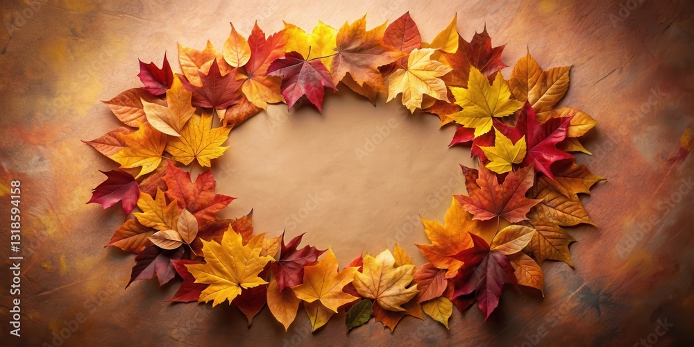 Poster A vibrant fall leaf wreath on a warm brown background, creating a circular space for a message or design.