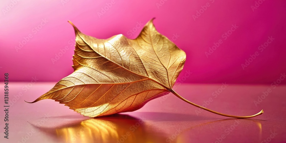 Aufkleber a single golden leaf lies on a vibrant pink surface, its intricate veins and delicate texture gleami